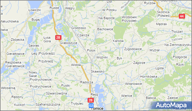 mapa Woźniki gmina Tomice, Woźniki gmina Tomice na mapie Targeo