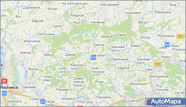 mapa Wysoka gmina Wadowice, Wysoka gmina Wadowice na mapie Targeo