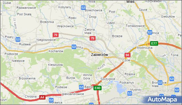 mapa Zabierzów powiat krakowski, Zabierzów powiat krakowski na mapie Targeo