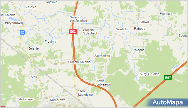 mapa Zakrzewek gmina Ostrów Mazowiecka, Zakrzewek gmina Ostrów Mazowiecka na mapie Targeo