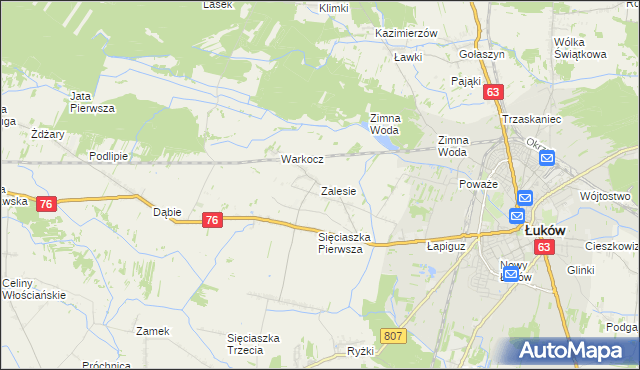 mapa Zalesie gmina Łuków, Zalesie gmina Łuków na mapie Targeo