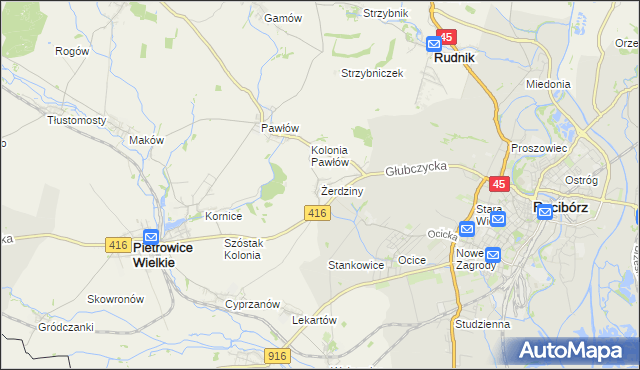 mapa Żerdziny gmina Pietrowice Wielkie, Żerdziny gmina Pietrowice Wielkie na mapie Targeo