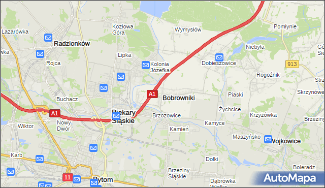 mapa Bobrowniki powiat będziński, Bobrowniki powiat będziński na mapie Targeo