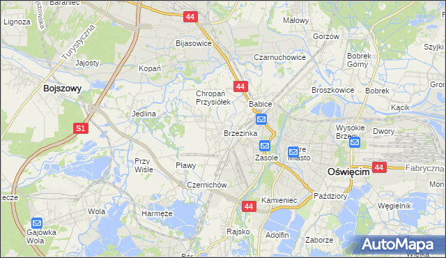 mapa Brzezinka gmina Oświęcim, Brzezinka gmina Oświęcim na mapie Targeo