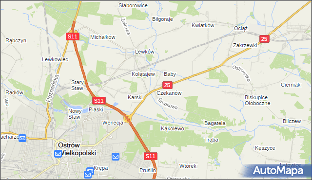 mapa Czekanów gmina Ostrów Wielkopolski, Czekanów gmina Ostrów Wielkopolski na mapie Targeo