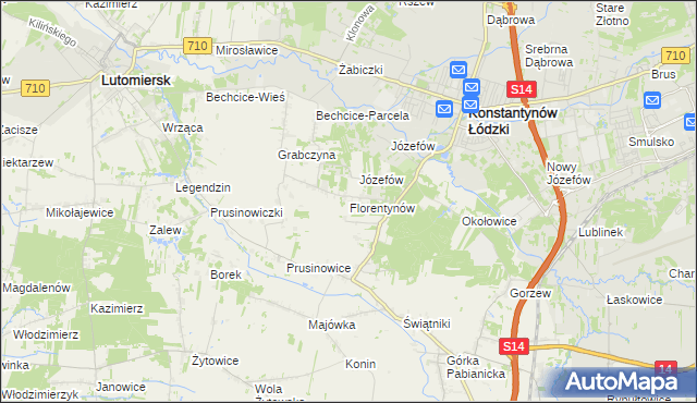 mapa Florentynów gmina Lutomiersk, Florentynów gmina Lutomiersk na mapie Targeo