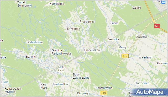 mapa Franciszków gmina Wiskitki, Franciszków gmina Wiskitki na mapie Targeo