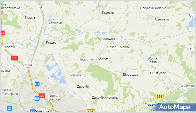 mapa Golice gmina Siedlce, Golice gmina Siedlce na mapie Targeo