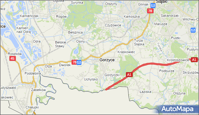 mapa Gorzyce powiat wodzisławski, Gorzyce powiat wodzisławski na mapie Targeo