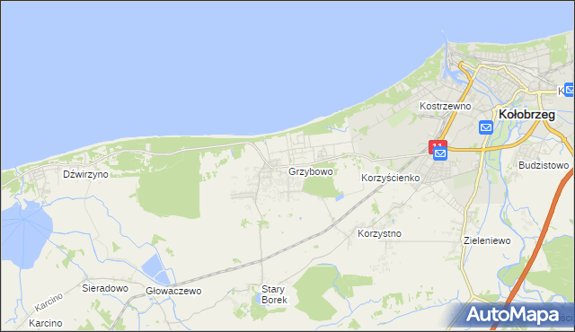 mapa Grzybowo gmina Kołobrzeg, Grzybowo gmina Kołobrzeg na mapie Targeo