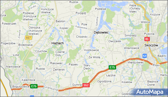 mapa Kostkowice gmina Dębowiec, Kostkowice gmina Dębowiec na mapie Targeo