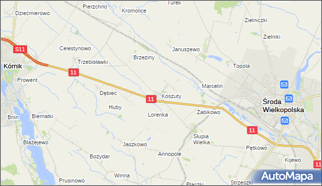 mapa Koszuty gmina Środa Wielkopolska, Koszuty gmina Środa Wielkopolska na mapie Targeo