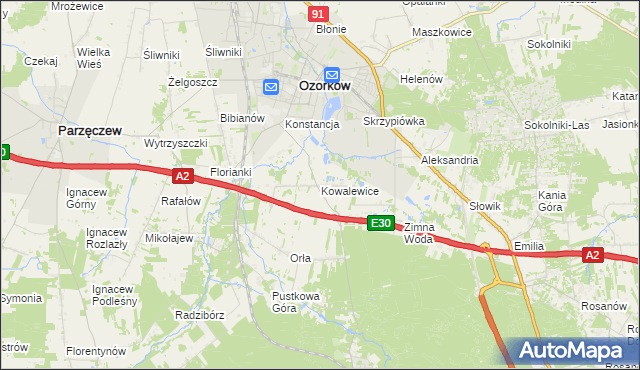 mapa Kowalewice gmina Parzęczew, Kowalewice gmina Parzęczew na mapie Targeo