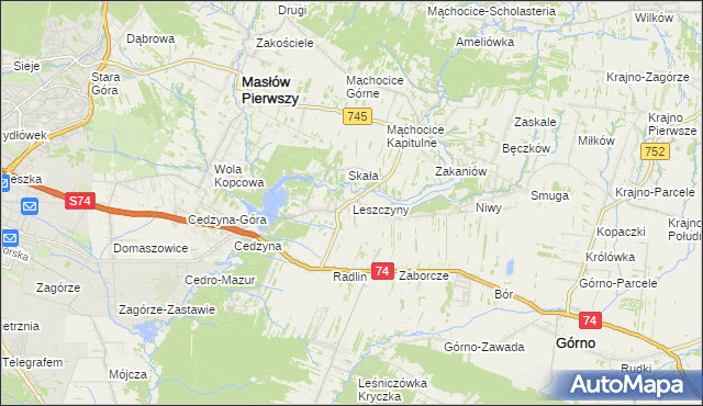 mapa Leszczyny gmina Górno, Leszczyny gmina Górno na mapie Targeo