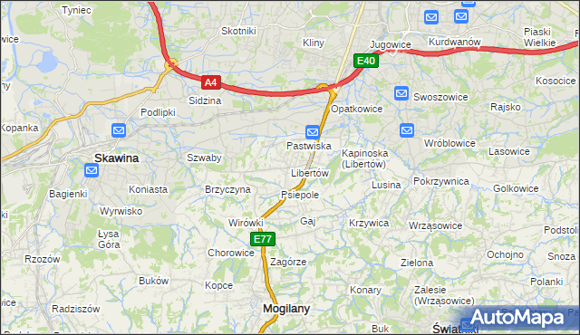 mapa Libertów gmina Mogilany, Libertów gmina Mogilany na mapie Targeo