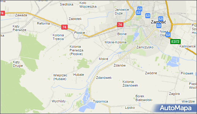 mapa Mokre gmina Zamość, Mokre gmina Zamość na mapie Targeo