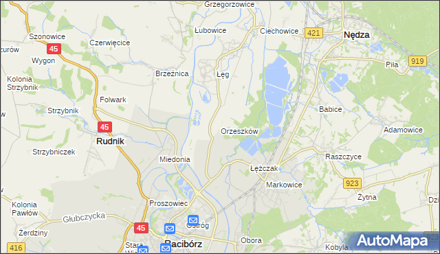 mapa Orzeszków gmina Nędza, Orzeszków gmina Nędza na mapie Targeo