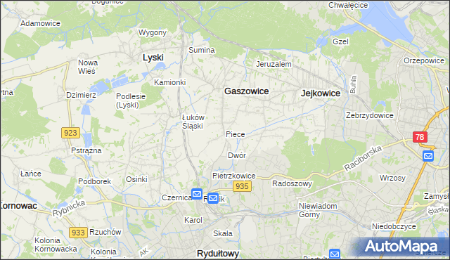mapa Piece gmina Gaszowice, Piece gmina Gaszowice na mapie Targeo