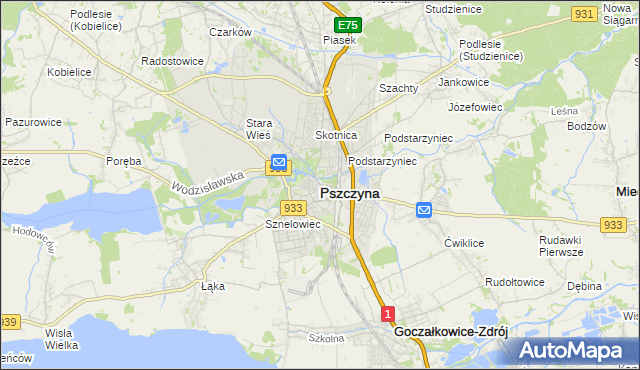 mapa Pszczyny, Pszczyna na mapie Targeo