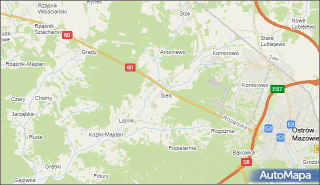 mapa Sielc gmina Ostrów Mazowiecka, Sielc gmina Ostrów Mazowiecka na mapie Targeo