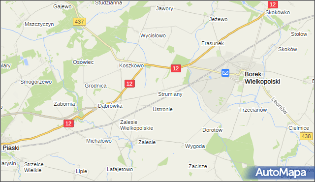 mapa Strumiany gmina Borek Wielkopolski, Strumiany gmina Borek Wielkopolski na mapie Targeo