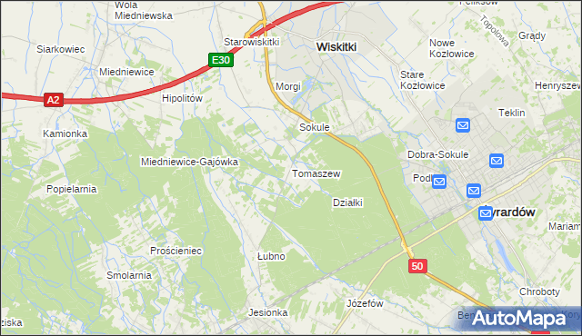 mapa Tomaszew gmina Wiskitki, Tomaszew gmina Wiskitki na mapie Targeo