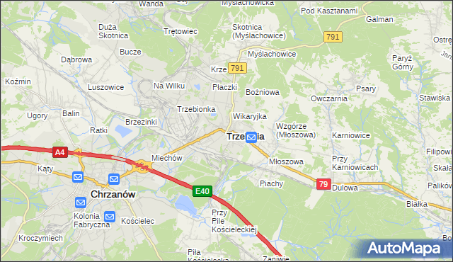 mapa Trzebinia powiat chrzanowski, Trzebinia powiat chrzanowski na mapie Targeo