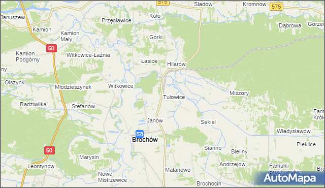 mapa Tułowice gmina Brochów, Tułowice gmina Brochów na mapie Targeo