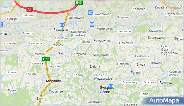 mapa Wrząsowice, Wrząsowice na mapie Targeo