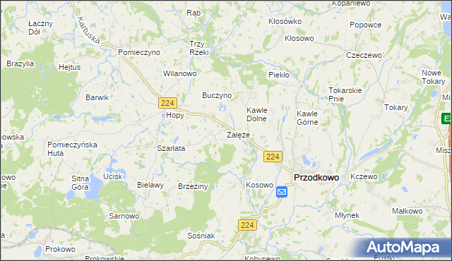 mapa Załęże gmina Przodkowo, Załęże gmina Przodkowo na mapie Targeo