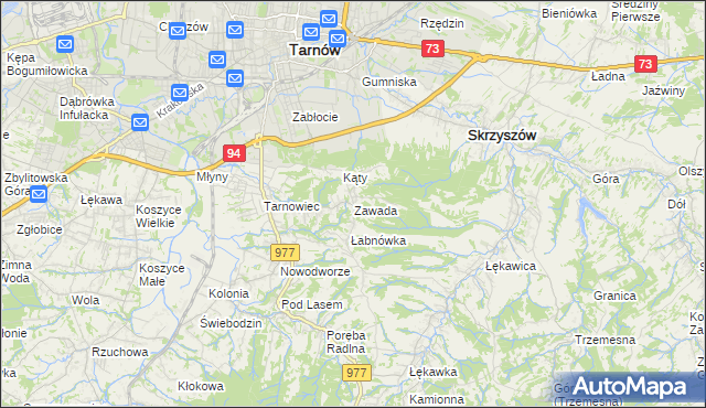 mapa Zawada gmina Tarnów, Zawada gmina Tarnów na mapie Targeo