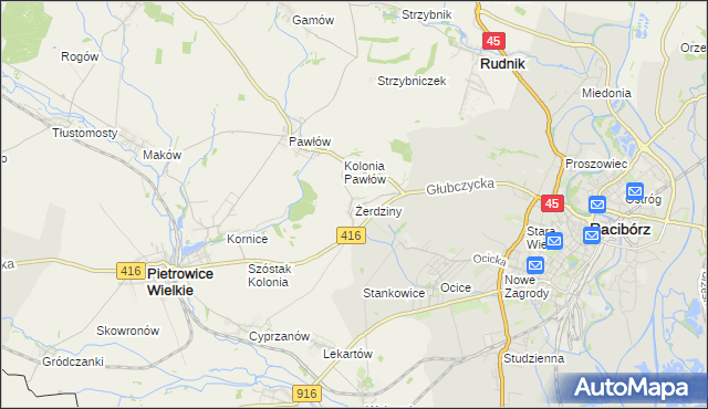mapa Żerdziny gmina Pietrowice Wielkie, Żerdziny gmina Pietrowice Wielkie na mapie Targeo