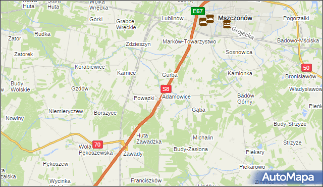 mapa Adamowice gmina Mszczonów, Adamowice gmina Mszczonów na mapie Targeo