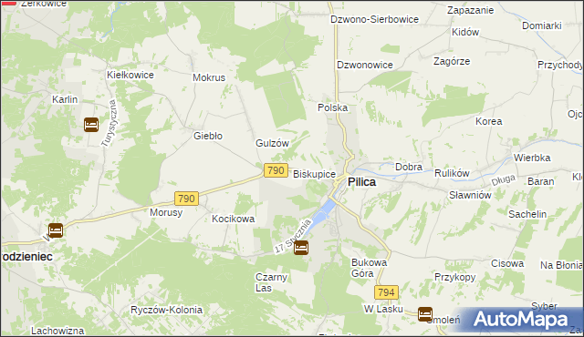 mapa Biskupice gmina Pilica, Biskupice gmina Pilica na mapie Targeo