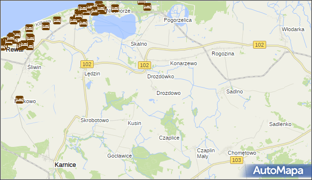 mapa Drozdowo gmina Karnice, Drozdowo gmina Karnice na mapie Targeo