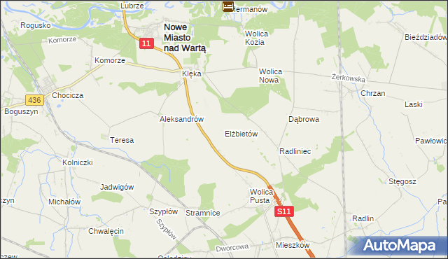 mapa Elżbietów gmina Nowe Miasto nad Wartą, Elżbietów gmina Nowe Miasto nad Wartą na mapie Targeo
