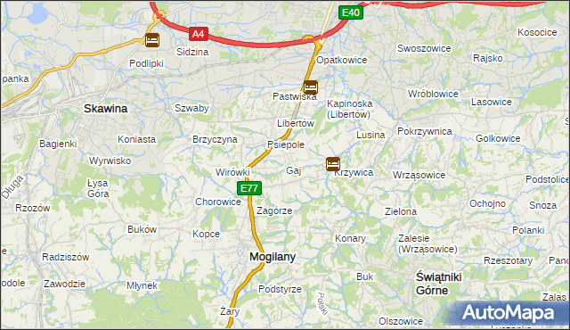 mapa Gaj gmina Mogilany, Gaj gmina Mogilany na mapie Targeo
