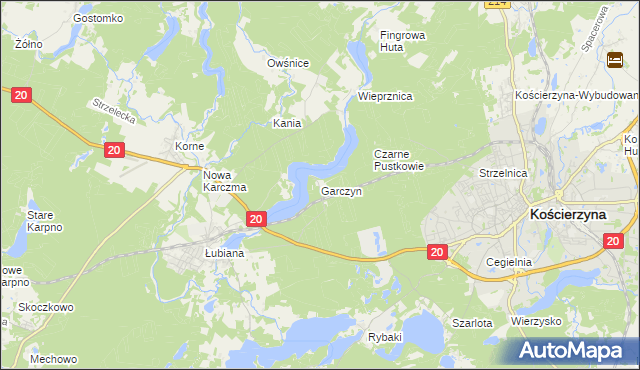 mapa Garczyn gmina Kościerzyna, Garczyn gmina Kościerzyna na mapie Targeo