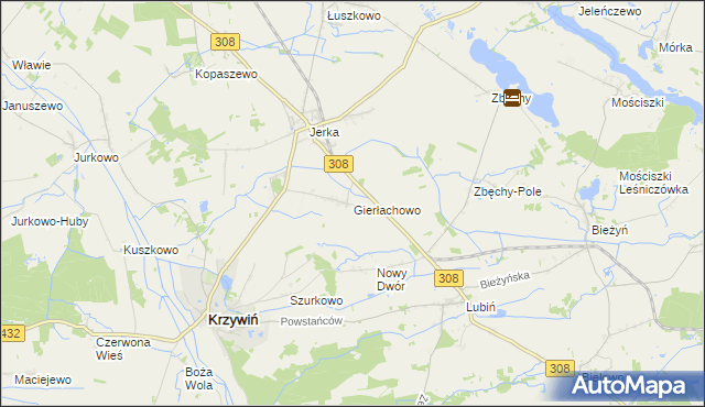 mapa Gierłachowo gmina Krzywiń, Gierłachowo gmina Krzywiń na mapie Targeo
