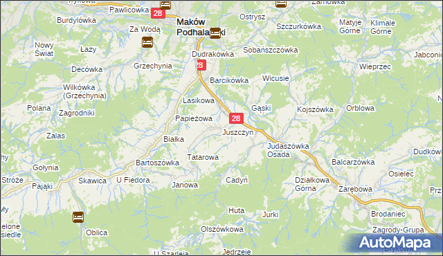 mapa Juszczyn gmina Maków Podhalański, Juszczyn gmina Maków Podhalański na mapie Targeo