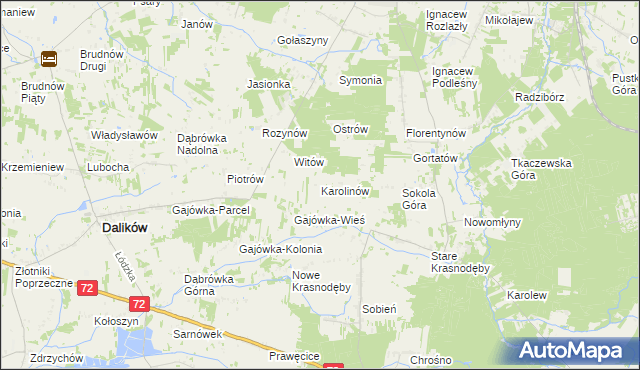 mapa Karolinów gmina Dalików, Karolinów gmina Dalików na mapie Targeo