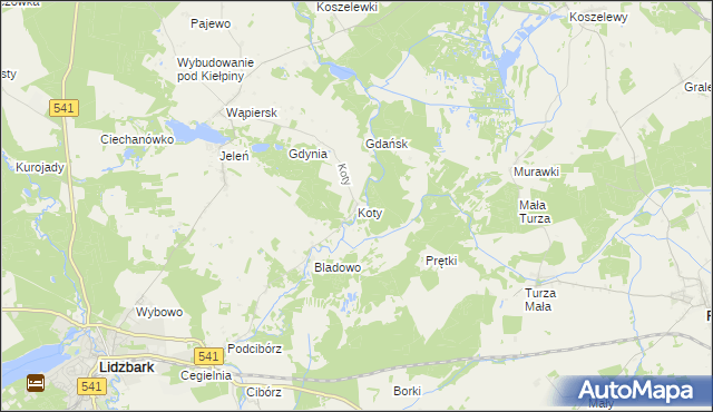 mapa Koty gmina Lidzbark, Koty gmina Lidzbark na mapie Targeo