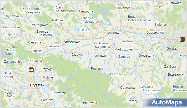 mapa Kozłówek gmina Wiśniowa, Kozłówek gmina Wiśniowa na mapie Targeo