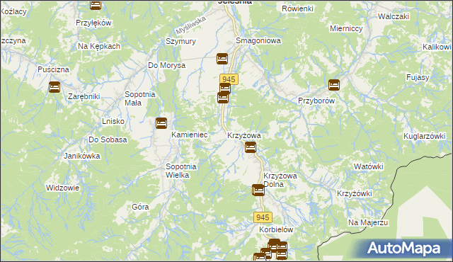 mapa Krzyżowa gmina Jeleśnia, Krzyżowa gmina Jeleśnia na mapie Targeo