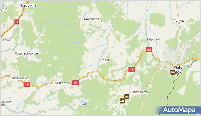 mapa Laski gmina Złoty Stok, Laski gmina Złoty Stok na mapie Targeo