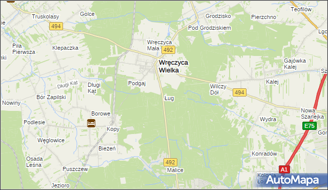 mapa Ług gmina Wręczyca Wielka, Ług gmina Wręczyca Wielka na mapie Targeo