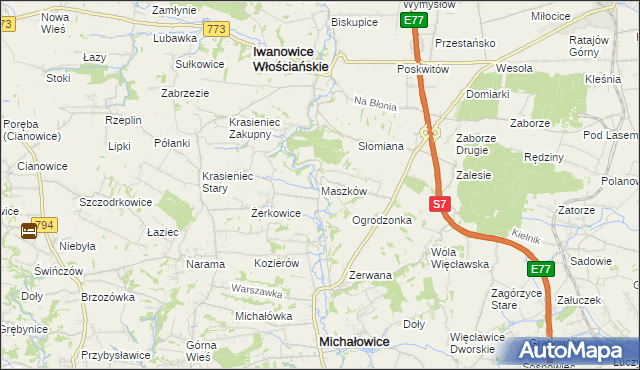 mapa Maszków gmina Iwanowice, Maszków gmina Iwanowice na mapie Targeo