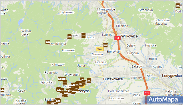 mapa Meszna gmina Wilkowice, Meszna gmina Wilkowice na mapie Targeo