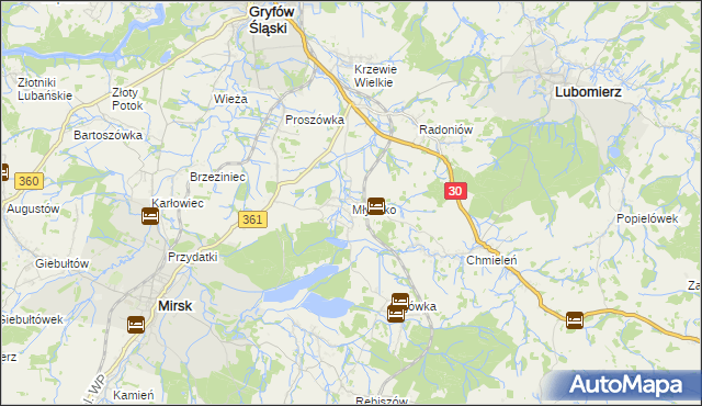 mapa Młyńsko gmina Gryfów Śląski, Młyńsko gmina Gryfów Śląski na mapie Targeo