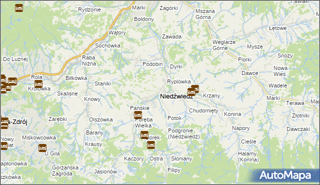 mapa Niedźwiedź powiat limanowski, Niedźwiedź powiat limanowski na mapie Targeo